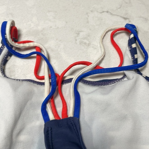 Cat & Jack girls one piece bathing suit. Blue and white stripes patriotic. - Picture 6 of 7